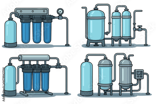 Industrial water filtration system set. Reverse osmosis purification plant equipment. Water treatment, softening, deionization process. Laboratory wastewater vector icons.