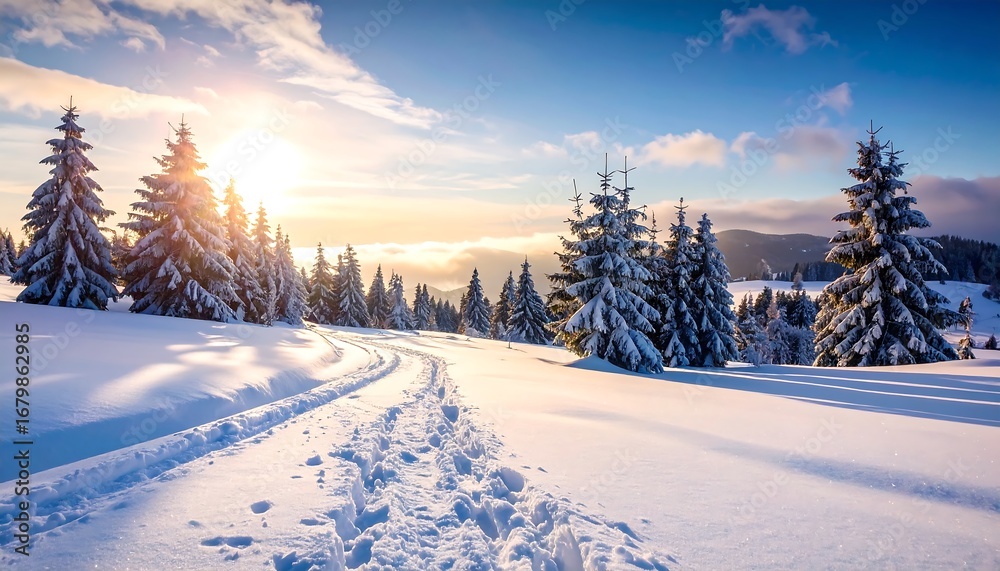Winter wonderland scene with snowy path Winter wonderland scene with snowy path