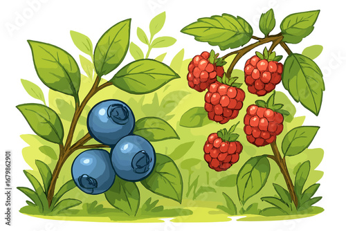 Vector illustration of ripe blueberries and raspberries on a branch with leaves. Healthy organic summer fruit, sweet forest berries for diet food, jam or juice. Cartoon.