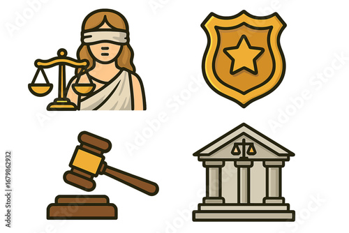 Law and justice vector icon set. Legal symbols collection with courthouse, police shield, gavel and Lady Justice. Flat cartoon illustration for judicial system concepts.