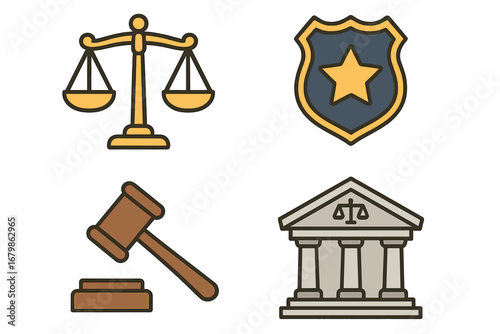 Legal symbols icon set. Justice, law enforcement, judicial system concepts. Flat design vector illustration. Includes scales, police badge, judge's gavel and courthouse.