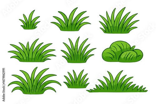Set of green grass and bush clumps. Vector cartoon illustration for landscaping design. Natural plant elements for garden, park or lawn decoration. Isolated on white background.