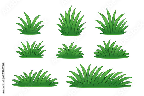 Set of green grass tufts. Vector cartoon illustration of natural lawn elements for landscaping or garden design. Lush foliage plants isolated on a transparent background.