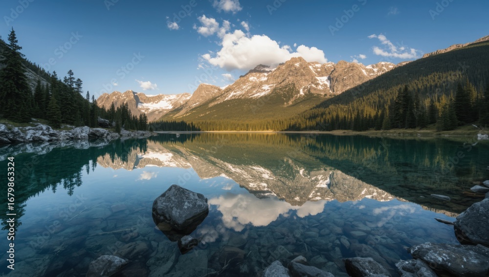 Fototapeta premium Serene mountain lake reflecting snow capped peaks and evergreen forest scenery
