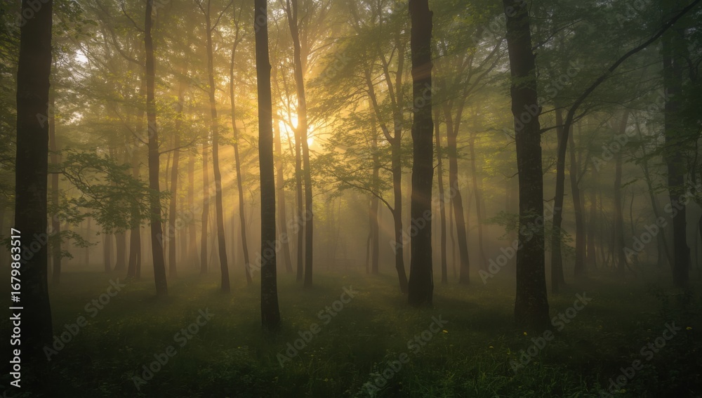 Fototapeta premium Sunlight streams through the misty forest creating a magical and ethereal scene