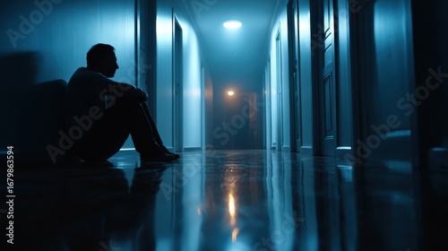 Wallpaper Mural Despondent man sits alone in a dimly lit corridor, evoking feelings of isolation and contemplation. Torontodigital.ca