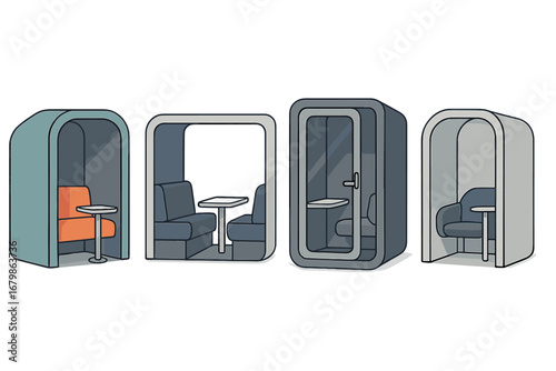 Set of modern office seating pods for collaborative and private work. Acoustic meeting booth, phone pod, privacy cabin for contemporary open space interior. Vector furniture.