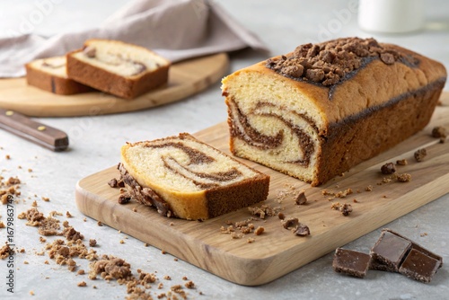 Marble cake loaf sliced on wooden board, top view