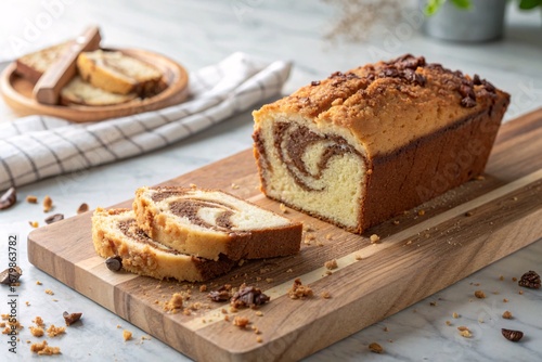 Marble cake loaf sliced on wooden board, top view