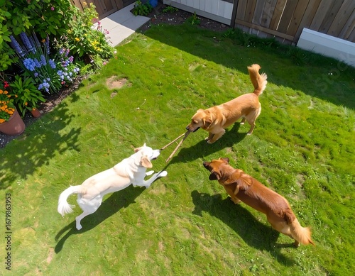 Three dogs play tug-of-war with a stick in a sunny backyard.