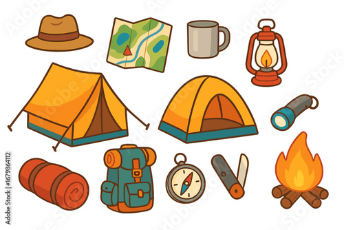 Set of cartoon camping icons for outdoor adventure. Hiking equipment collection. Vector graphic with tent, map, compass, backpack, campfire, lantern, and survival gear.