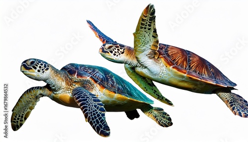 colorful sea turtles swimming ocean life aquatic animals white background