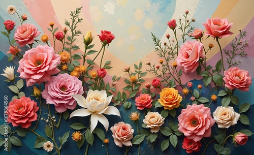 Artistic display of colorful roses and delicate blossoms against a soft, striped pastel background. A vibrant, dreamy floral garden scene.