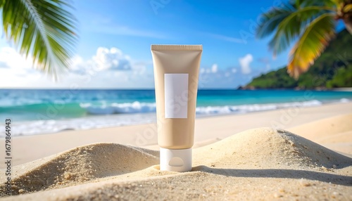 Beige sunscreen tube rests on a tropical beach, showcasing a product for sun protection.