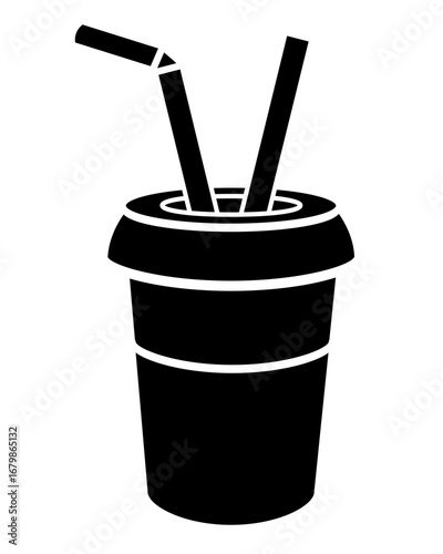 A disposable cup with a drink and drinking straws - a vector silhouette image suitable for a logo, pictogram, or stencil. Craft coffee cup for a stencil.