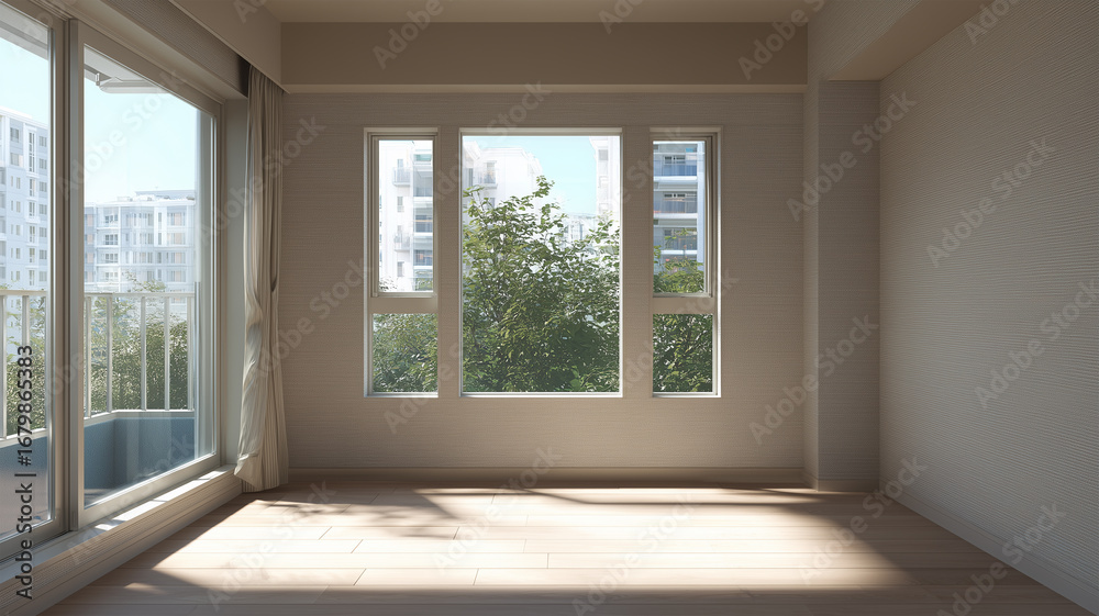 Obraz premium リネン壁と淡色床の落ち着いた日当たり良い室内