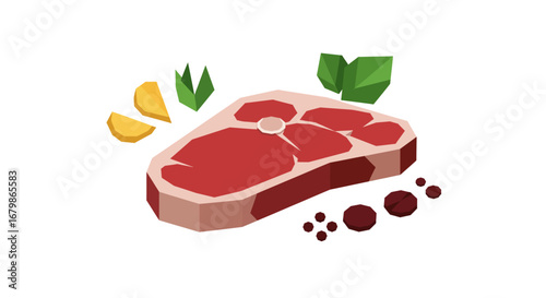 Isometric Steak Cut with Herbs and Spices Illustration.
