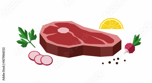 Stylized Beef Steak with Lemon and Radish Illustration.