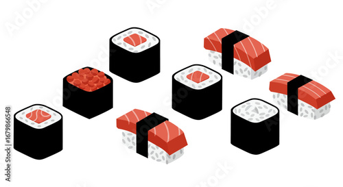 Assorted Sushi Pieces with Salmon and Roe Toppings.