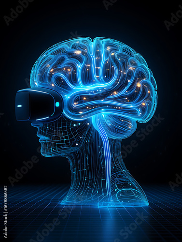 Futuristic digital brain with vr headset, representing artificial intelligence and virtual reality technology in a dark, abstract setting