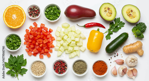 Colorful Assortment of Fresh Vegetables and Spices on White Background.