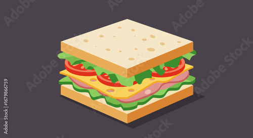 Isometric Sandwich with Ham Cheese Tomato and Lettuce.