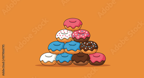 Stacked Cartoon Donuts with Colorful Frosting and Sprinkles.