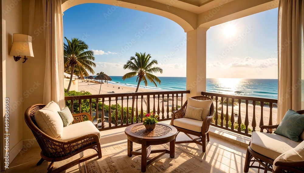 Naklejka premium Luxurious beachfront balcony overlooking a tropical beach