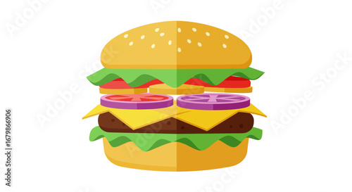 Colorful Burger Illustration with Classic Ingredients and Sesame Seed Bun.