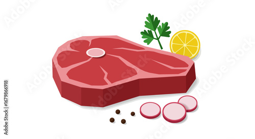 Cartoon Steak Cut with Parsley Lemon Radish and Pepper.