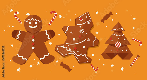 Festive Gingerbread Cookies and Candy Canes on Orange Background.
