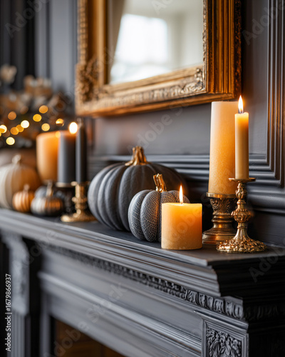 Moody autumn mantel with dark-toned pumpkins and golden candles, creating a rich and elegant Halloween atmosphere