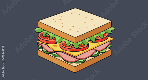 Isometric Sandwich with Ham Cheese and Vegetables.