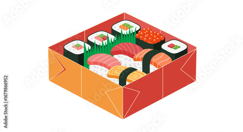 Assorted Sushi in a Takeout Box Japanese Cuisine.