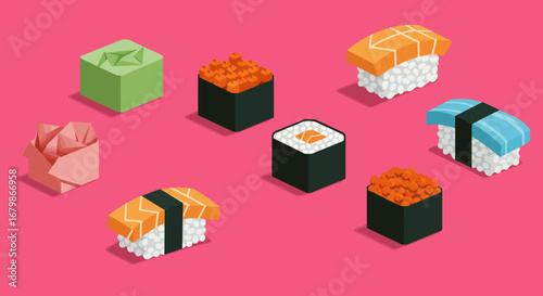 Isometric Sushi Set with Salmon Tuna and Roe on Pink Background.