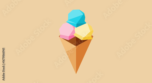 Geometric Ice Cream Cone with Three Flavors Illustration.