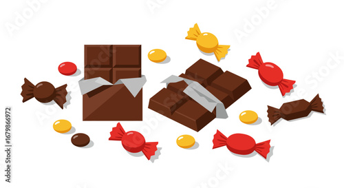 Assorted Chocolate Bars and Wrapped Candies Flat Lay Illustration.