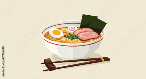 Delicious Ramen Bowl with Egg Pork and Seaweed.