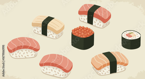 Assorted Sushi Pieces with Salmon Egg and Roe.