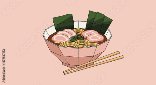 Stylized Ramen Bowl with Pork and Seaweed Illustration.