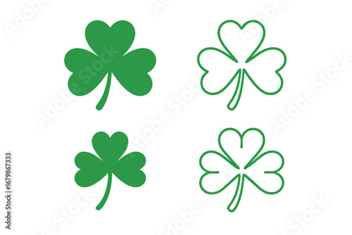 Clover luck icon set. Shamrock leaf icon collection. Green three leaf clover logo sign for St. Patrick's Day. Simple flat and outline style vector illustration symbol.