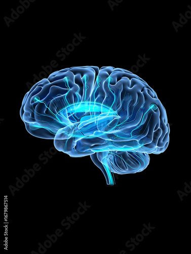 Glowing blue human brain with neural network connections and light particles against a black background, symbolizing intelligence and cognition