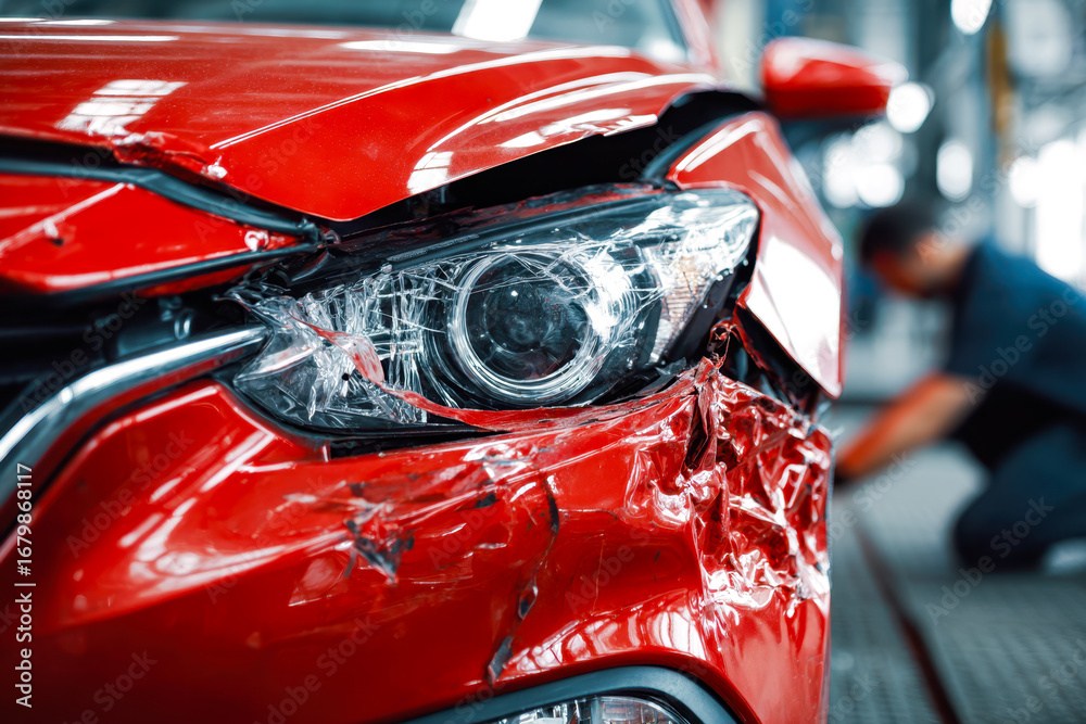 Fototapeta premium Close-up of a red car with front-end damage after a collision