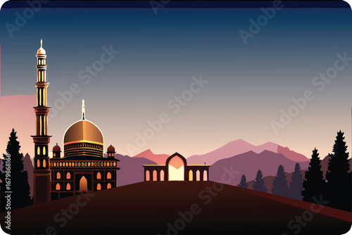 Islamic mosque silhouetted against mountains and trees during a vibrant sunset