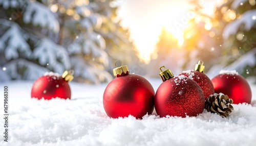 Red Christmas ornaments rest on a blanket of snow, bathed in the warm glow of the winter sun.
