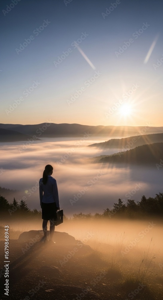 Fototapeta premium Confident professional woman stands on a mountain summit, holding briefcase. She observes the vast misty valley below bathed in a golden sunrise, symbolizing ambition, leadership.