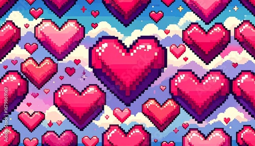 A pixelated graphic pattern featuring numerous hearts floating amidst pastel-colored clouds, evoking a playful and romantic atmosphere.