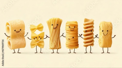 Different types of italian pasta, including lasagna, farfalle, spaghetti, and fusilli, stand in a line, holding hands and smiling on a white background