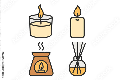 Home fragrance icons set with scented candle, aroma lamp, and reed diffuser. Vector symbols for aromatherapy, spa, wellness, relaxation, and cozy interior decoration elements.