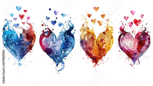 A vector illustration of a heart-shaped design made from colorful paint splashes on a white background, symbolizing love and romance